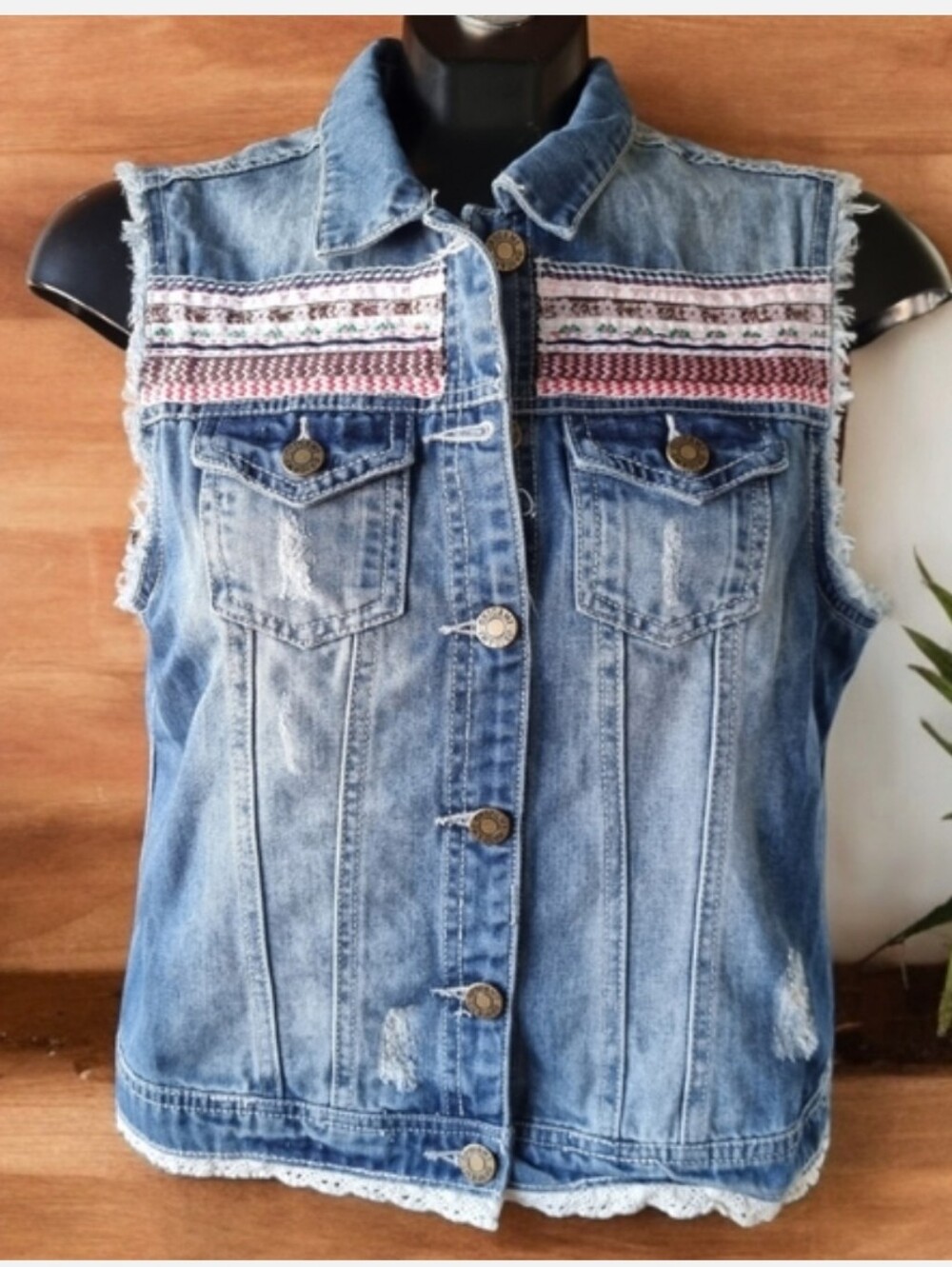 Women’s Washed Blue Boho Denim Distressed Vest with Embroidered Yoke & Lace Trim